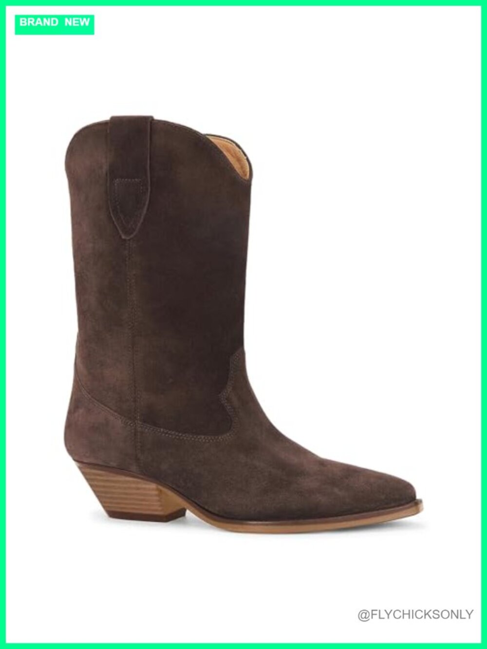 Faux Suede Cowboy Boots Pointed Toe Mid Calf Chunky Heel Pull On